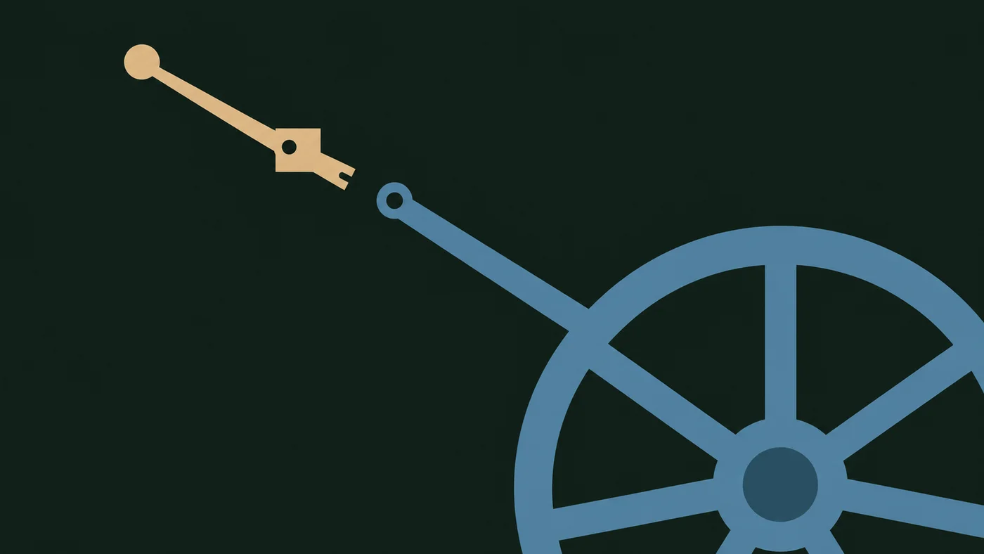 Two-color illustration of a large wheel still turning while a small detached lever sits dark