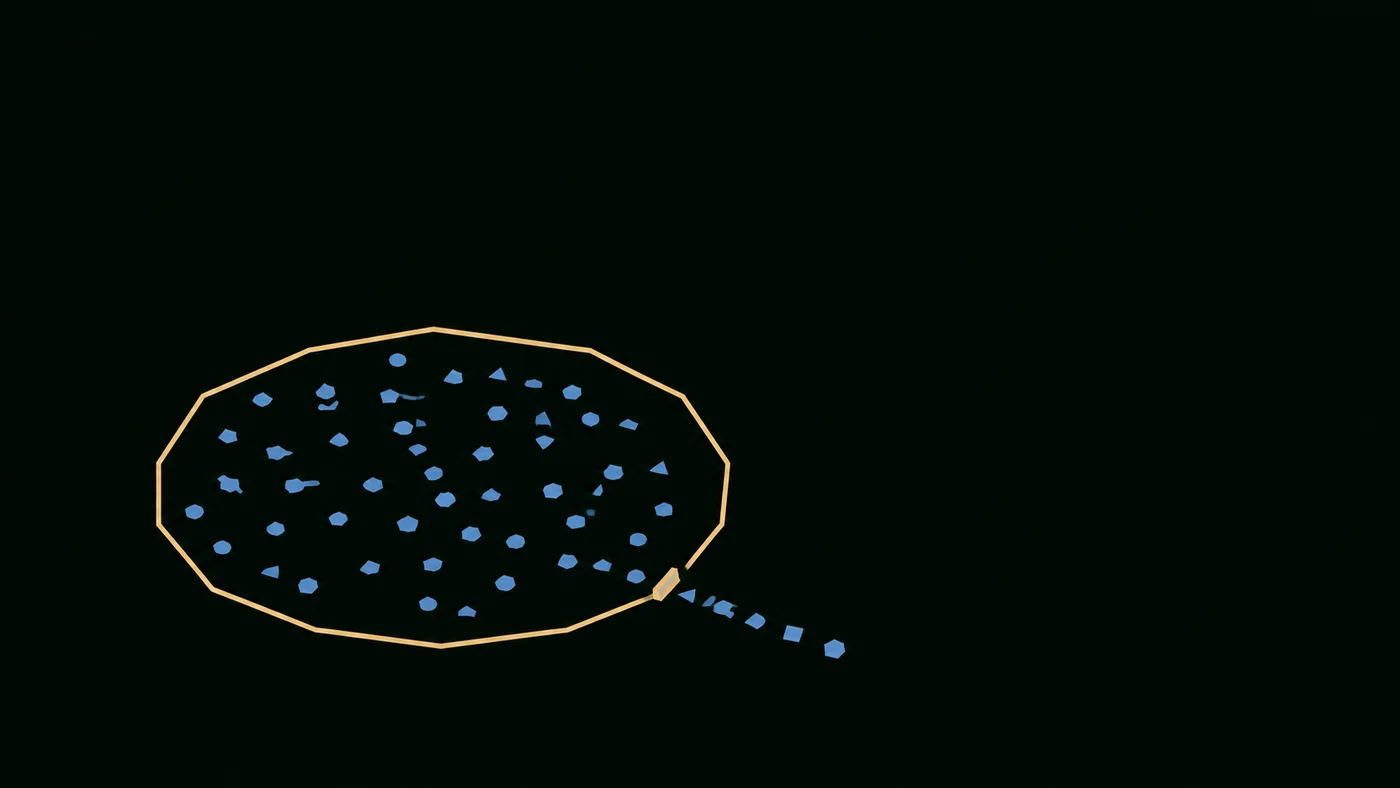 Two-color illustration of many small autonomous shapes inside a bounded field with one gate