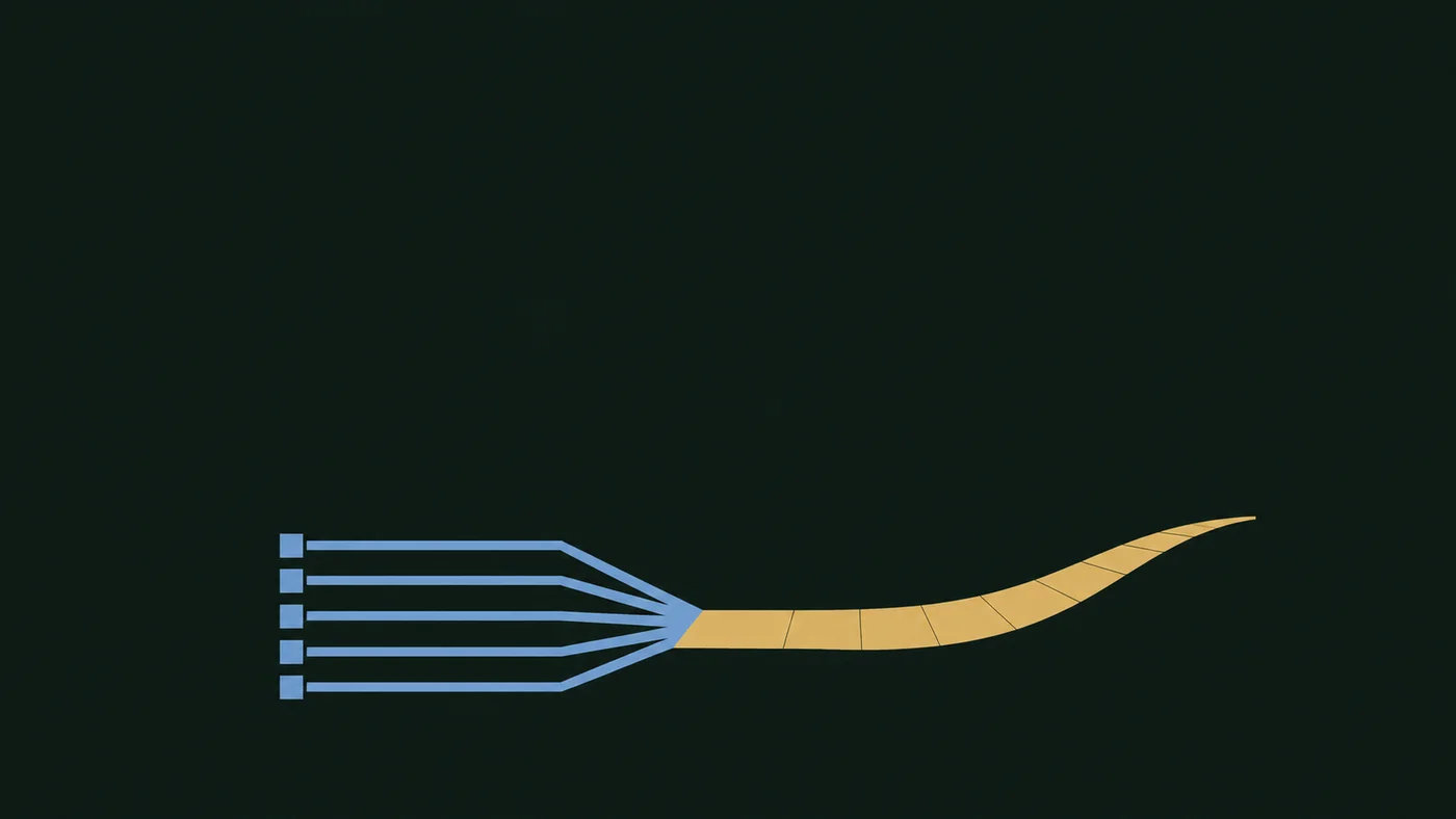 Two-color illustration of parallel duplicated paths converging onto one paved road