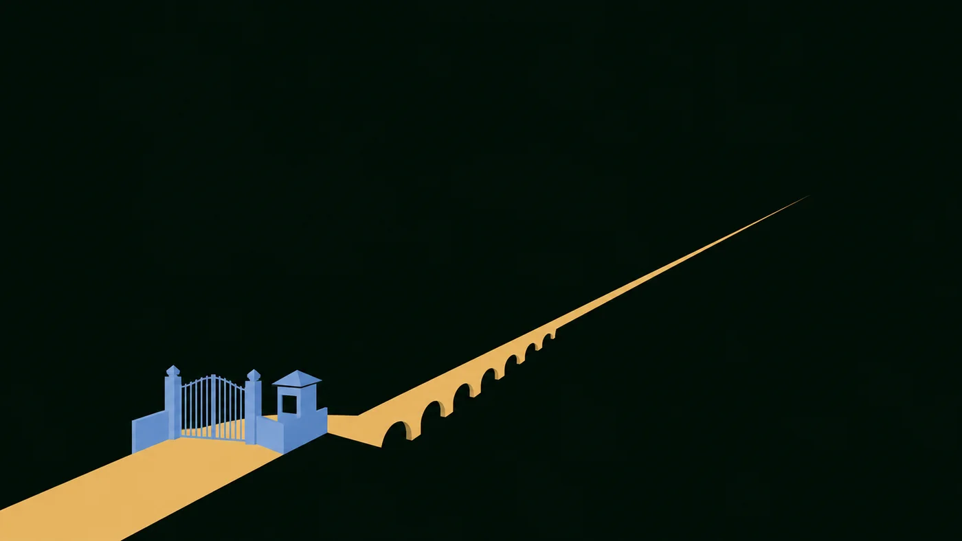 Two-color illustration of a narrow bridge with a toll gate before a scattered field