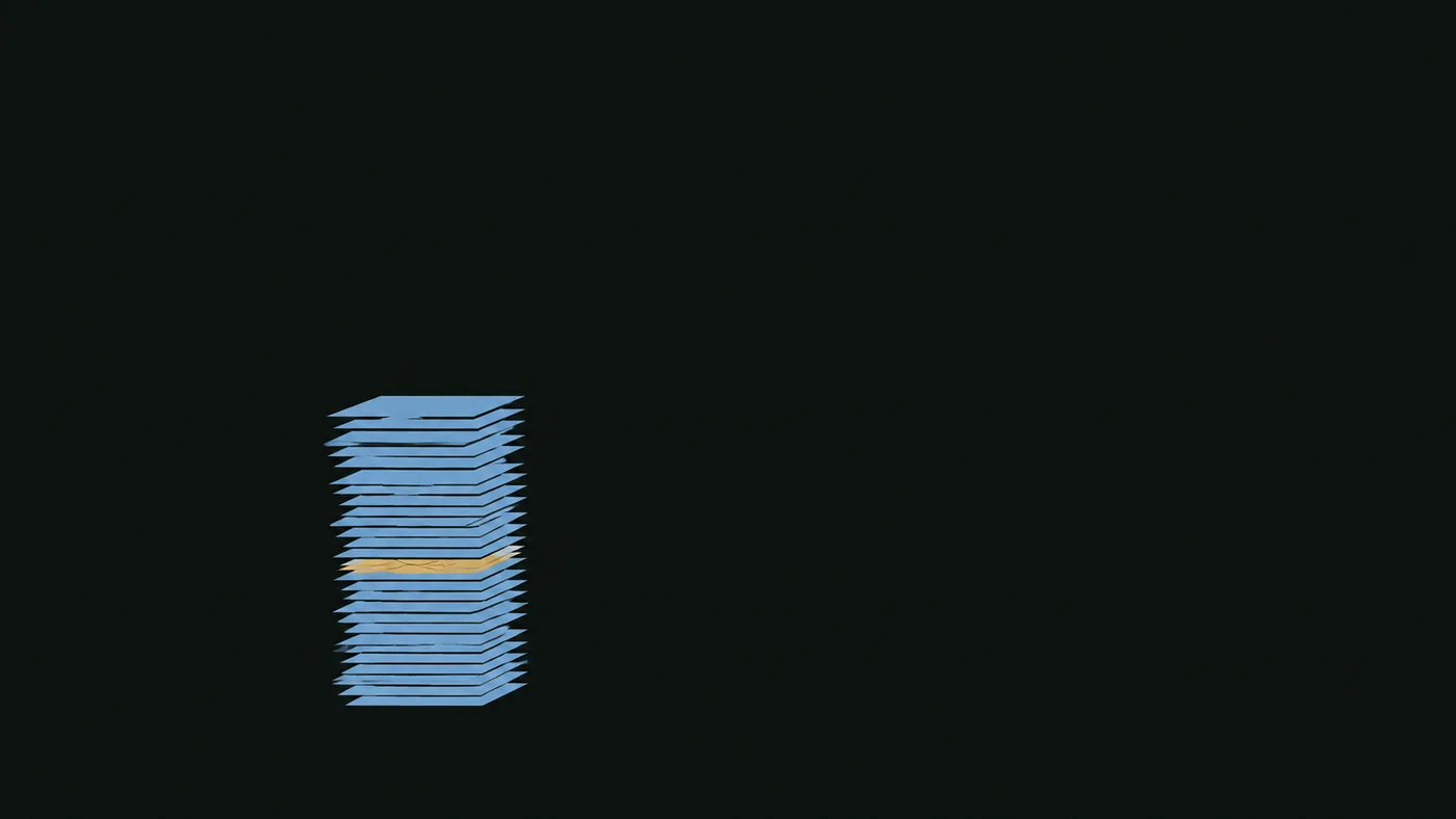 Two-color illustration of a tall stack of thin layers, each slightly offset