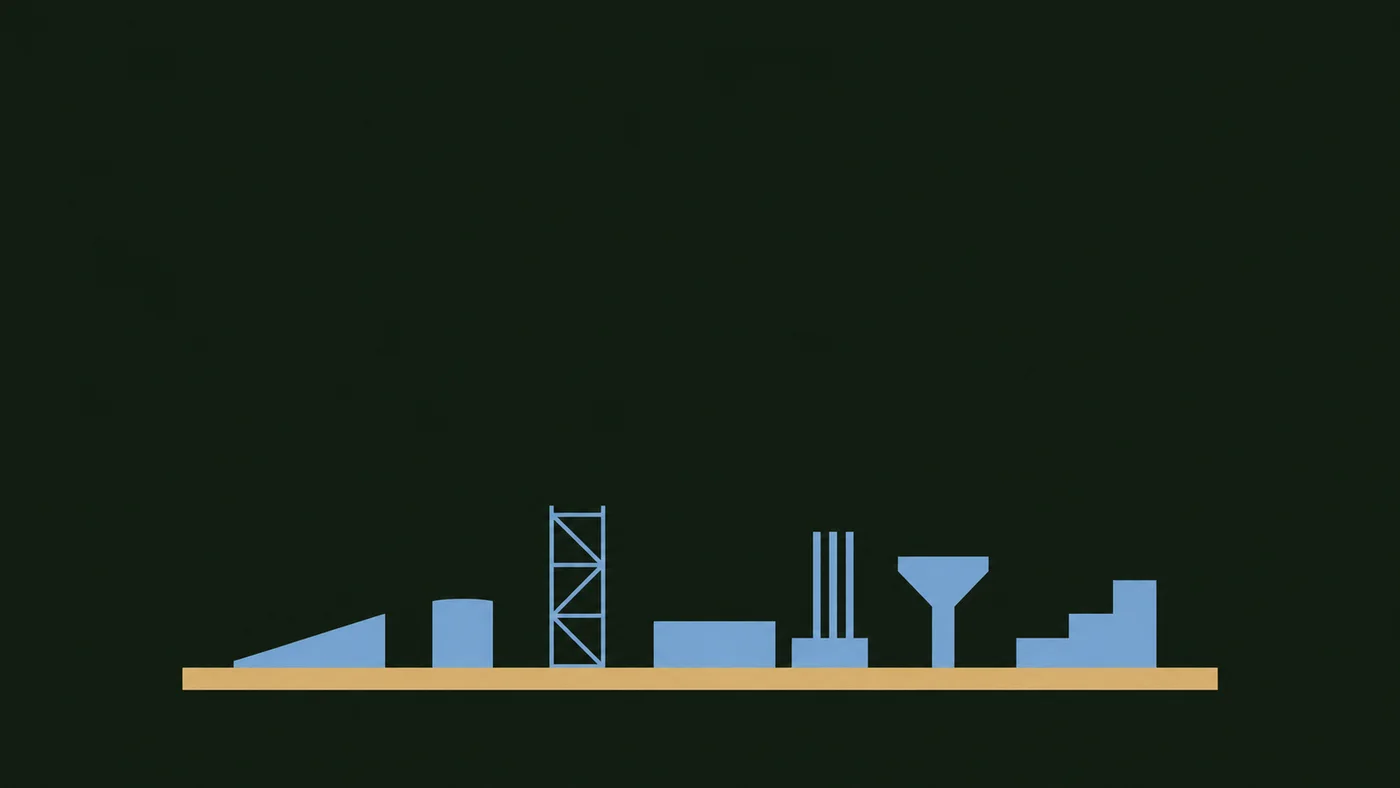 Two-color illustration of one supporting platform beneath several separate structures