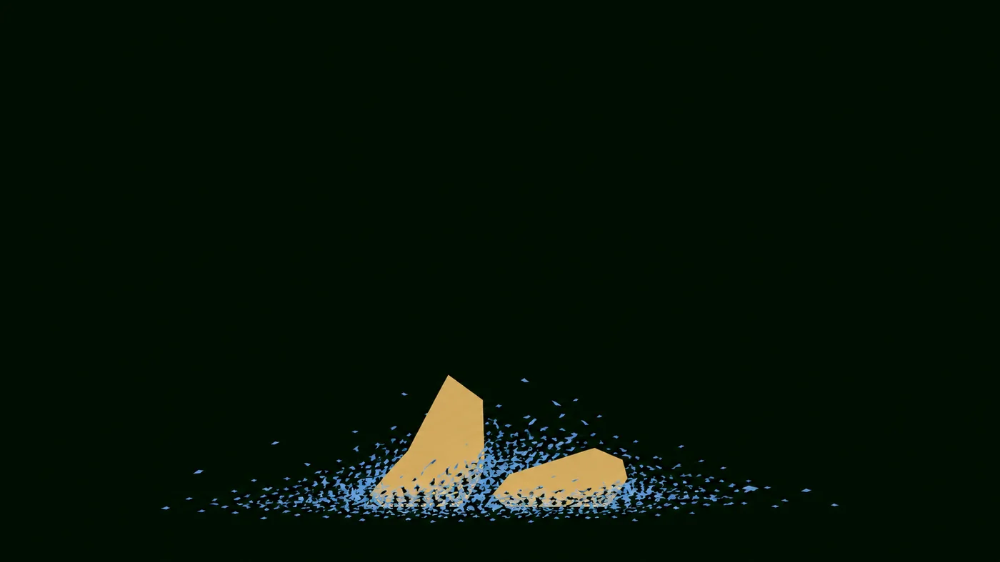 Two-color illustration of many small marks clustered around two large masses
